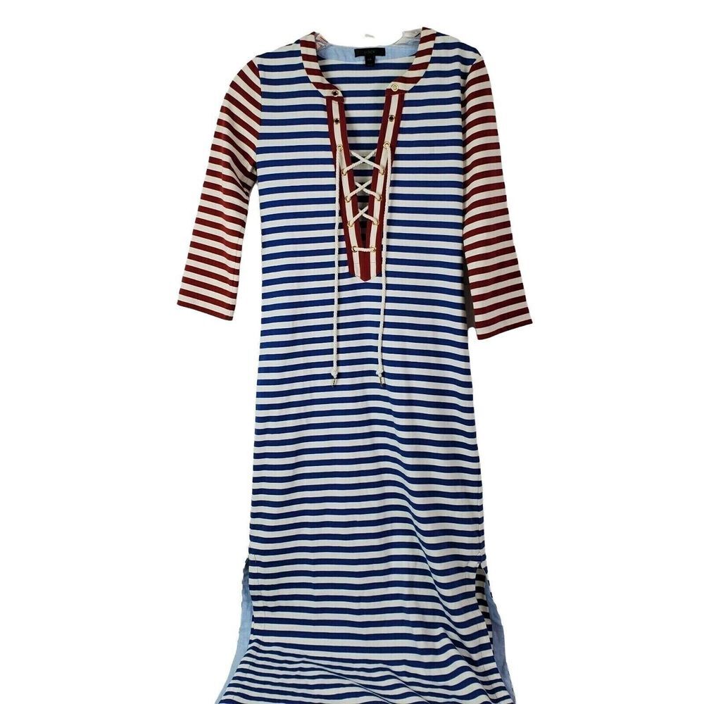 J.Crew Dress Womens XS Lace Up Sammie Stripe Nautical Long Sleeve G3607 Blue Red